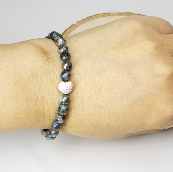 Labradorite Gemstone Pave CZ Heart Bracelet NEW - Picture 7 of 8